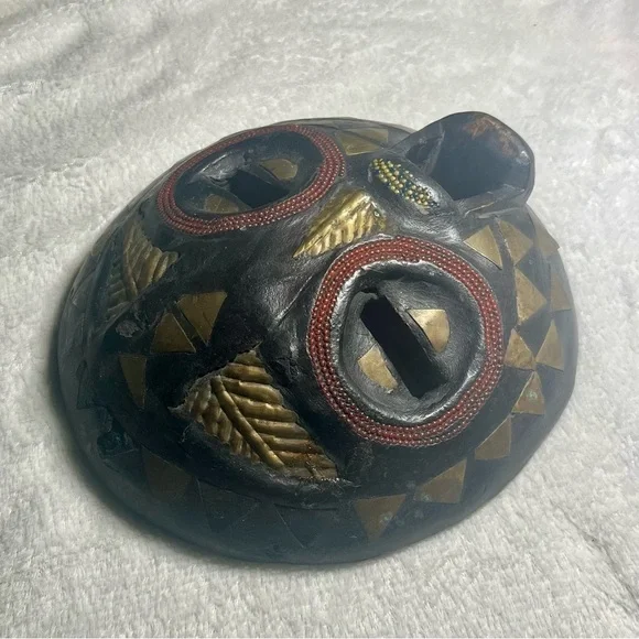 𝅺UNIQUE Ashanti Beaded Wood Mask Wall Decor Hand Carved & Authentic Round